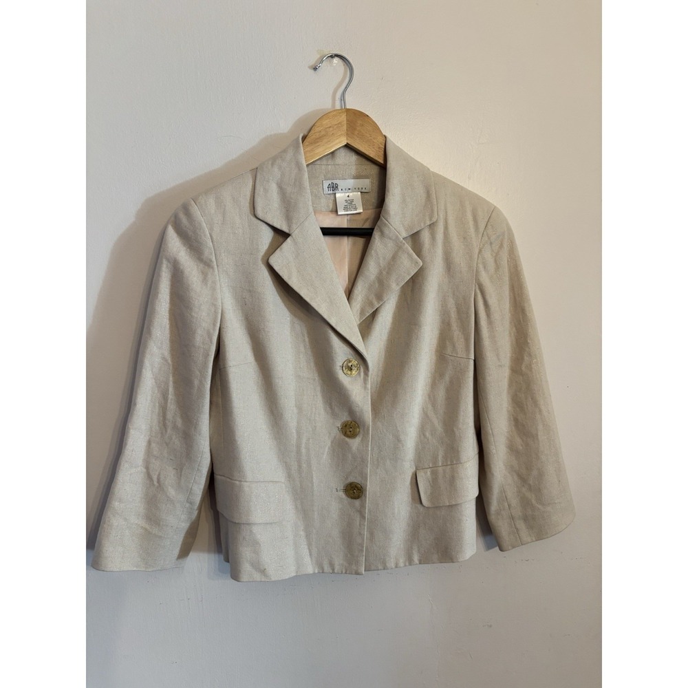 ABR New York Tan Metallic Linen Blend Blazer Lined 3/4‎ Sleeves Size 4